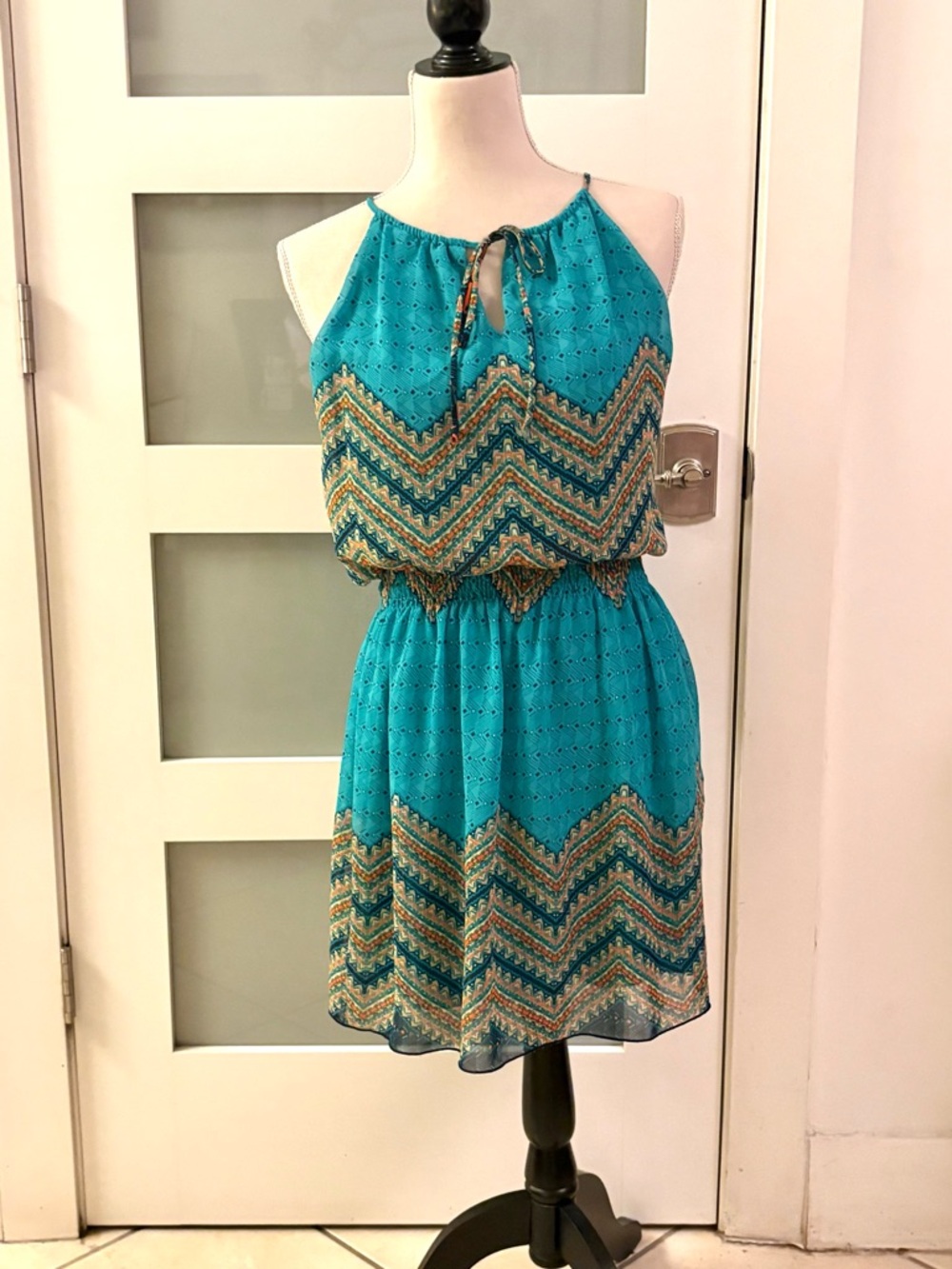 Sweet Storm Turquoise Chevron Halter Mini Dress